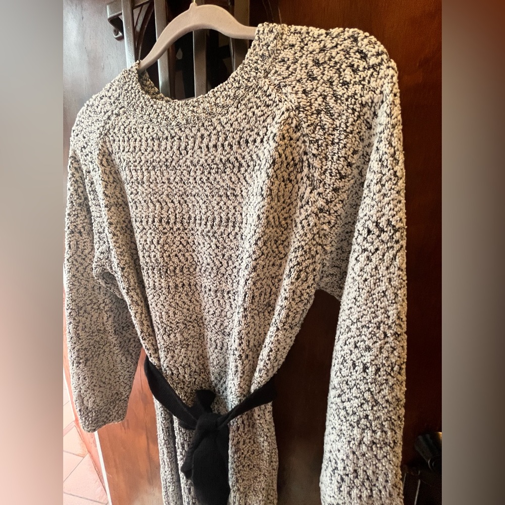 Fashion Gray Sweater dress belted long sleeve Large